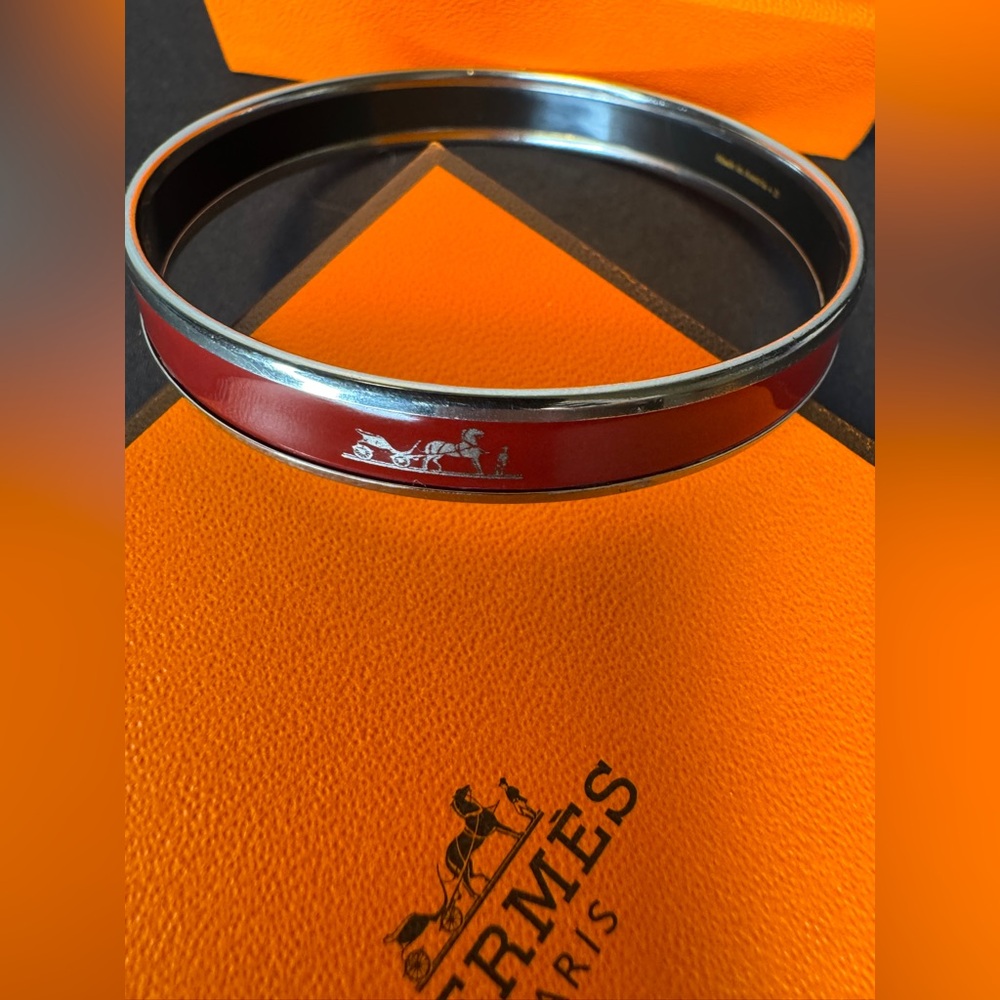 Authentic HERMES Paris Red & Silver Bangle Bracelet w/Box Bundle